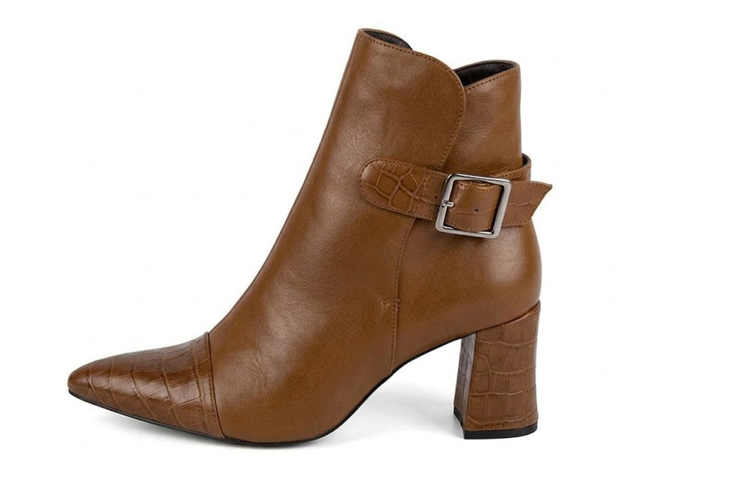 Women's cognac back-buckle ankle boots with almond toe and mid flared heel - Profile view